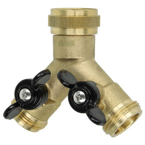 Raccord Y 2 voies en laiton 3/4" avec vannes intégrées sur robinet d'arrosage