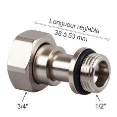 Douille télescopique M 1/2" - F 3/4" pour robinet et coude de réglage de radiateur